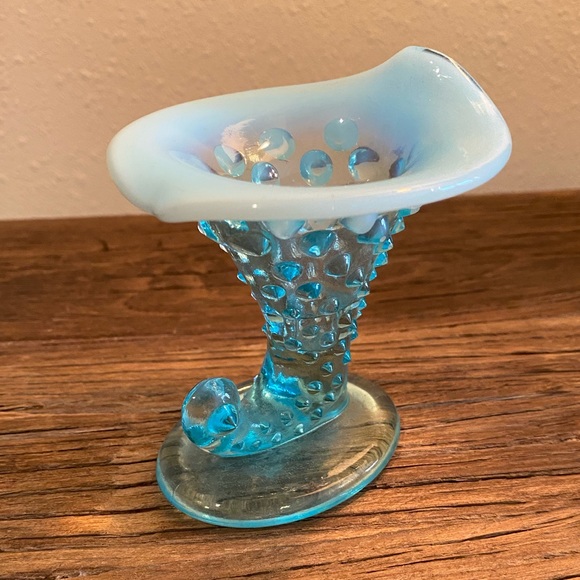 Fenton Blue Opalescent Hobnail Horn of Plenty 
Small Vase - Picture 2 of 8